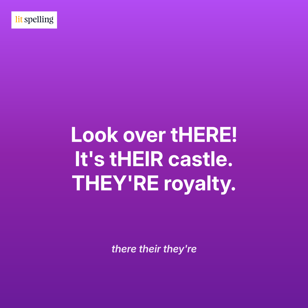 Spelling mnemonic for there their they're: Look over there! It's their castle. They're royalty - memory trick