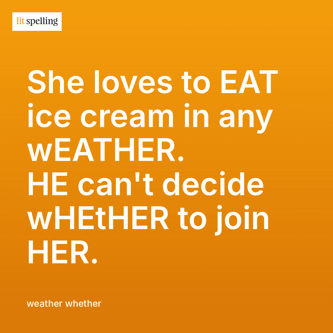 Spelling memory trick for weather vs whether: EAT is hidden in wEATHER and HE is hidden in wHETHER